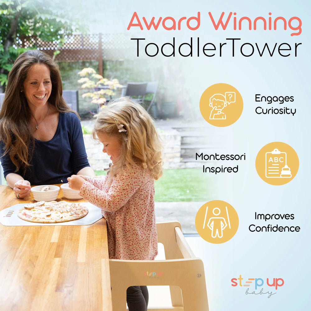 image showing a child in toddler tower cooking highlighting its key features