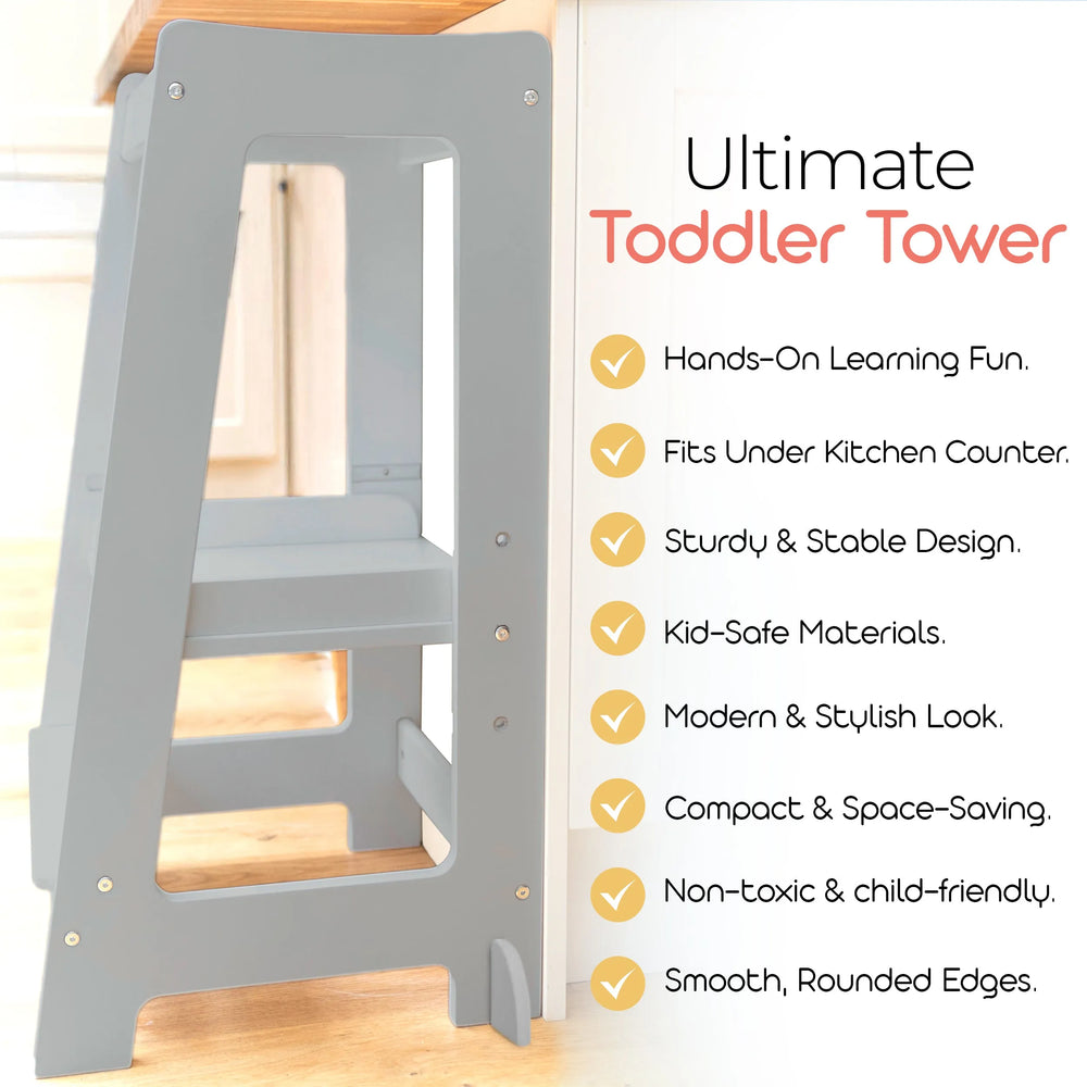 list of benefits of grey toddler tower under counter
