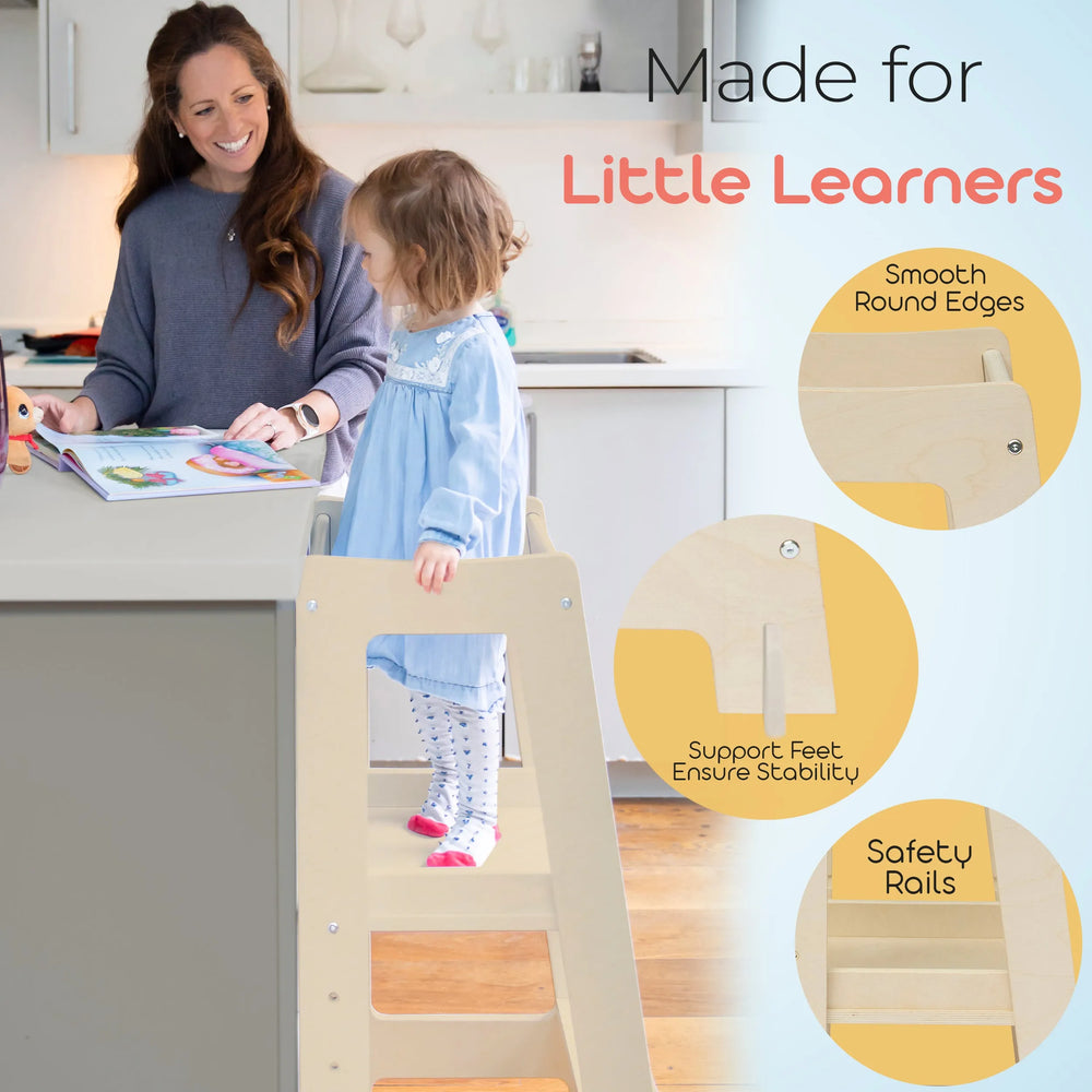 image showing a child in natural wood toddler tower reading highlighting its safety features